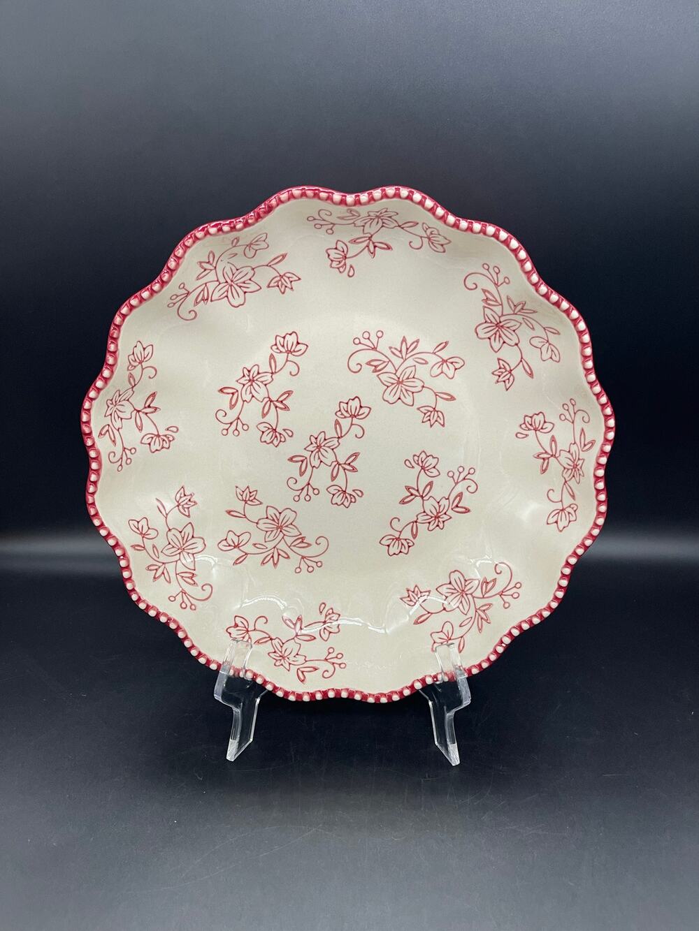 Temptations Red & White Floral Lace Scalloped Embossed Serving Bowl 1.5qt